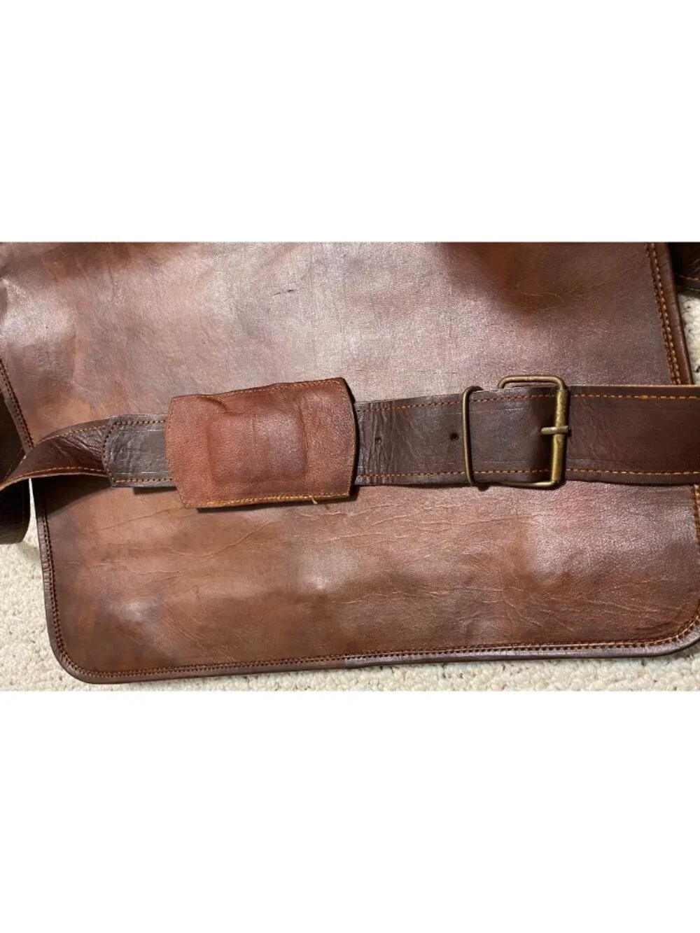 Brown Leather messenger padded laptop bag tote satchel NWOT green zipper NWOT